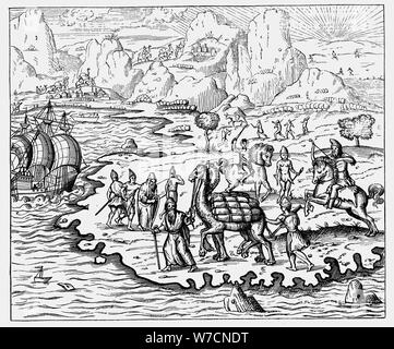 Transport de biens marchands à la côte et un navire en attente par chameau, 1575. Artiste : Inconnu Banque D'Images