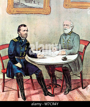 Réunion de généraux Grant (à gauche) et Lee, American Civil War, 1865. Artiste : Currier et Ives Banque D'Images