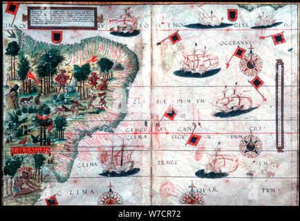 Carte du Brésil par les navigateurs portugais Pedro Reinel et Lopo Homen, c1525. Artiste : Pedro Reinel Banque D'Images