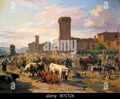 Marché de l'élevage dans l'Arbresle', la France, la mi-fin du xixe siècle. Artiste : JB Louis Guy Banque D'Images