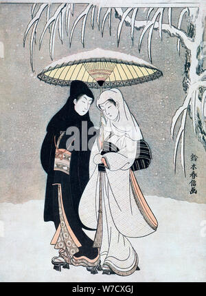 'Crow et Heron, ou les jeunes amoureux marcher ensemble sous un parapluie dans une tempête", c1769.Artist : Harunobu Suzuki Banque D'Images