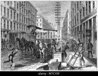 Les livraisons et les collections en cours à la Wells Fargo depot, New York, USA, 1875. Artiste : Inconnu Banque D'Images