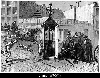 La police de Chicago téléphone fort, 1886. Artiste : Inconnu Banque D'Images