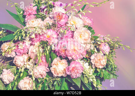 Gros bouquet de pivoines rose délicat dans des tons pastel dans le style Vanilla sur fond flou. Pour les cartes florales vacances ou événement. Gentle Banque D'Images