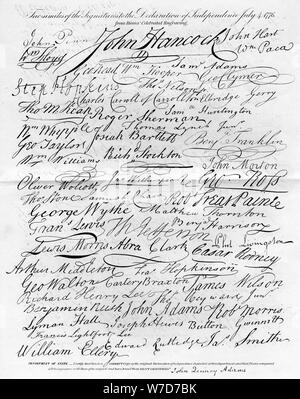 Fac-similé de la signature de la Déclaration d'indépendance, le 4 juillet 1776. Artiste : Inconnu Banque D'Images