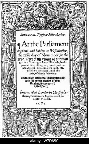 Page de titre de lois du Parlement, 1585, (1893). Artiste : Inconnu Banque D'Images