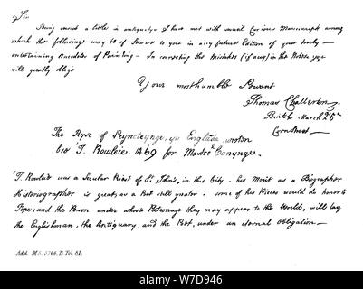 Partie d'une lettre de Thomas Chatterton à Horace Walpole, fin du xviiie siècle, (1840). Artiste : Thomas Chatterton Banque D'Images