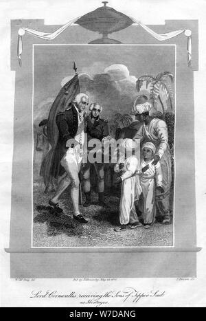 Lord Cornwallis (1738-1805) recevant les fils de Tippoo Saib comme otages, 1816.Artiste : J Brown Banque D'Images