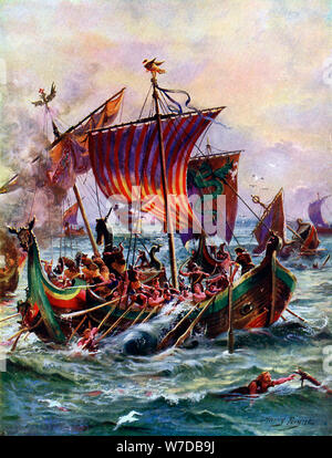 Alfred's galères attaquant le dragon Viking Ship, AD 897, (c1920). Artiste : Henry Payne Banque D'Images