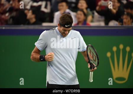 Juan Martin del Potro d'Argentine réagit après avoir marqué contre Nikoloz Basilashvili de Géorgie dans leur premier match de simple masculin pendant la Banque D'Images