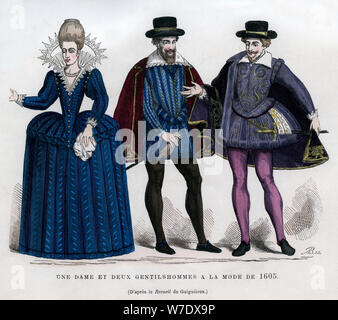 Une dame et deux messieurs en robe de 1605 Français (1882-1884). Artiste : Inconnu Banque D'Images