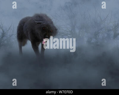 Le rendu 3D d'un grognement de loup noir agressif avec les yeux rouges dans une sombre forêt de brouillard mystérieux. Banque D'Images