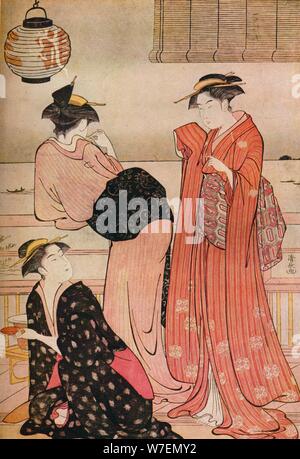 "Trois filles sur la véranda d'une maison de thé avec vue sur la baie d'Edo à Tokyo', c1752-1815. Artiste : Torii Kiyonaga. Banque D'Images