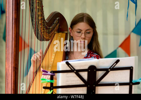 Interprète une jeune femme jouant de la harpe Banque D'Images