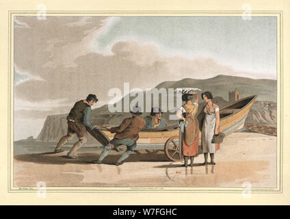 Le Costume de Yorkshire par George Walker. Les pêcheurs sur la plage à Filey, poussant coble pêche sur roues, début xixe siècle Banque D'Images