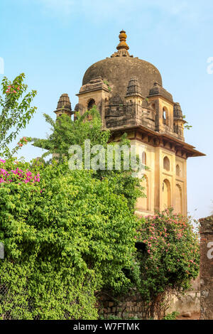 Cénotaphe chhatries près de la rivière Betwa à Orchha, Inde Banque D'Images