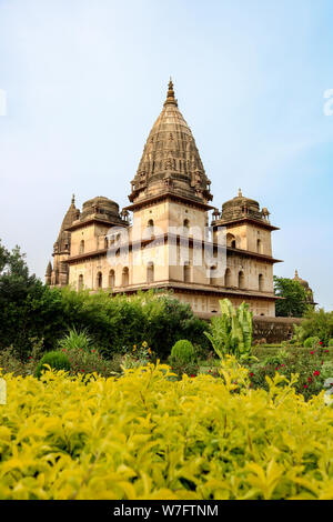 Cénotaphe chhatries près de la rivière Betwa à Orchha, Inde Banque D'Images