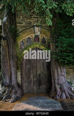 Les arbres qui poussent autour de l'une des portes de l'église St Edwards, Stow-on-the-Wold, Cotswolds, Gloucestershire, Angleterre Banque D'Images