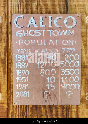 Calico Ghost Town Californie, USA. 29 mai, 2019. Signal d'information. Planche de bois avec le calicot des données démographiques au cours de la ans Banque D'Images