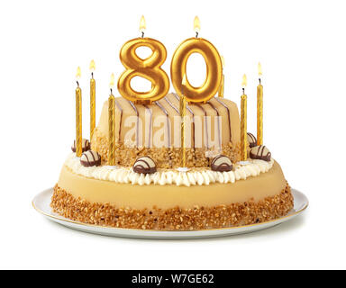 Gâteau de fête avec des bougies d'or - Numéro 80 Banque D'Images