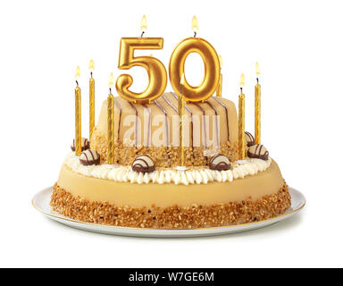 Gâteau de fête avec des bougies d'or - Numéro 50 Banque D'Images