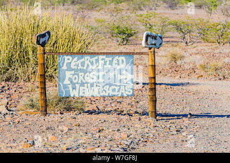 Inscription manuscrite cherchent à attirer les touristes sans méfiance dans une forêt pétrifiée, Twyfelfontein, Namibie Banque D'Images