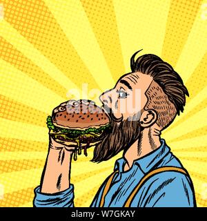 Hipster man eating Hamburger Illustration de Vecteur