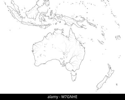 Carte du monde d'Australasie RÉGION : Australie, Nouvelle Guinée, Nouvelle-Zélande, Océanie, l'Indonésie, la Polynésie, l'océan Pacifique. Carte géographique avec le littoral. Banque D'Images