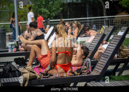 La génération y foule dans le parc de Domino quartier de Williamsburg à Brooklyn à New York pour faire cuire au soleil le dimanche, Août 4, 2019. (© Richard B. Levine) Banque D'Images