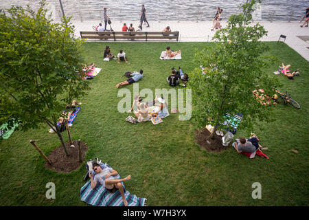 La génération y foule dans le parc de Domino quartier de Williamsburg à Brooklyn à New York pour faire cuire au soleil le dimanche, Août 4, 2019. (© Richard B. Levine) Banque D'Images