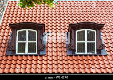 Deux lucarnes avec armatures blanc sur le toit de tuiles rouges. À partir d'une série de fenêtres du monde. Banque D'Images