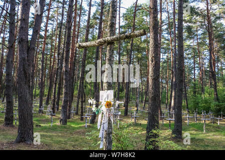 Hui Stargard Szczecinski d'origine, la Pologne. 3rd, 2019 Août Birch croise à la cimetière où la mort et la mort dans le camp de la Russie soviétique, les soldats sont enterrés sont vus dans la charge, Hui Stargard Szczecinski Pologne le 3 août 2019 le Stalag II-D était un Allemand DE LA SECONDE GUERRE MONDIALE prisonnier de guerre camp situé à Gross Born a été créé pour regrouper les officiers français de la bataille de France, plus tard, des soldats polonais et soviétiques. Dans Ja. 1945, il y avait 5 014 officiers et 377 garçons dans le camp. © Vadim Pacajev / Alamy Live News Banque D'Images