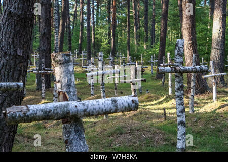 Hui Stargard Szczecinski d'origine, la Pologne. 3rd, 2019 Août Birch croise à la cimetière où la mort et la mort dans le camp de la Russie soviétique, les soldats sont enterrés sont vus dans la charge, Hui Stargard Szczecinski Pologne le 3 août 2019 le Stalag II-D était un Allemand DE LA SECONDE GUERRE MONDIALE prisonnier de guerre camp situé à Gross Born a été créé pour regrouper les officiers français de la bataille de France, plus tard, des soldats polonais et soviétiques. Dans Ja. 1945, il y avait 5 014 officiers et 377 garçons dans le camp. © Vadim Pacajev / Alamy Live News Banque D'Images