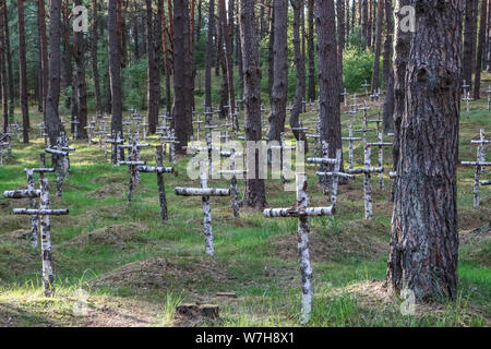 Hui Stargard Szczecinski d'origine, la Pologne. 3rd, 2019 Août Birch croise à la cimetière où la mort et la mort dans le camp de la Russie soviétique, les soldats sont enterrés sont vus dans la charge, Hui Stargard Szczecinski Pologne le 3 août 2019 le Stalag II-D était un Allemand DE LA SECONDE GUERRE MONDIALE prisonnier de guerre camp situé à Gross Born a été créé pour regrouper les officiers français de la bataille de France, plus tard, des soldats polonais et soviétiques. Dans Ja. 1945, il y avait 5 014 officiers et 377 garçons dans le camp. © Vadim Pacajev / Alamy Live News Banque D'Images