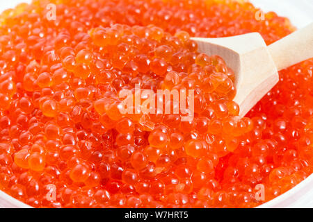 Grande cuillère en bois en russe salé du caviar rouge de poisson Saumon rose close-up dans un contenant de plastique Banque D'Images