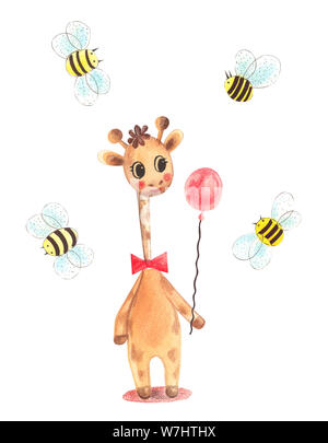 Illustration d'une aquarelle en couleurs personnage animal girafe debout et tenant un ballon sur un arrière-plan blanc isolé. Banque D'Images