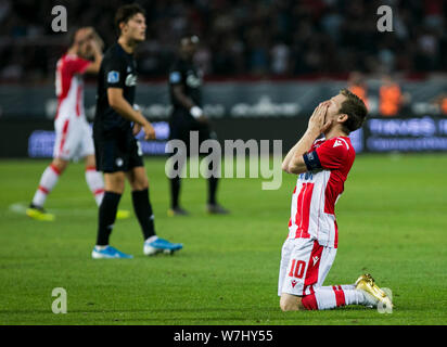 6 août 2019 ; Rajko Mitic Stadium, Belgrade, Serbie ; Ligue des Champions 3e manche de qualification Premier tour à l'étoile rouge de Belgrade contre FC Copenhague ; Marin de l'étoile rouge Belgrade réagit après avoir raté l'objectif chance - usage éditorial Banque D'Images