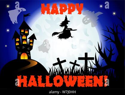 L'Halloween. Château sur l'estrade, pleine lune, nuit, paysage. Silhouettes de sorcières, les croix, les branches d'arbres, de fantômes Illustration de Vecteur