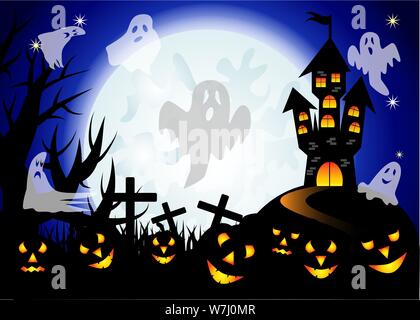 L'Halloween. Château sur l'estrade, pleine lune, nuit, paysage. Un pack de fantômes, croix, jacks Illustration de Vecteur