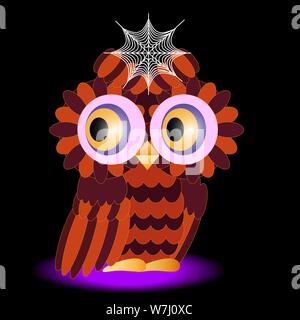 Un hibou peint en couleurs d'un halloween, avec une toile d'araignée entre les sourcils sur un fond noir Illustration de Vecteur