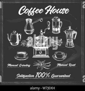 Coffee House affiche sur tableau. Conception décor Coffeeshop comme de vieux tableau noir affiches, vector illustration Illustration de Vecteur