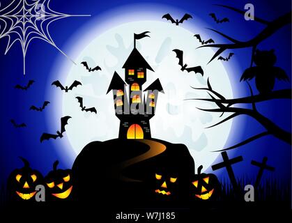 L'Halloween. Château sur l'estrade, pleine lune, nuit, paysage. Silhouettes de hiboux, chauves-souris, des croix, des branches d'arbre Illustration de Vecteur