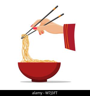 Mains avec des baguettes et les nouilles. Bol alimentaire pâtes chinoises, des spaghettis restaurant japonais, l'image d'illustration vectorielle dîner soupe asiatique Illustration de Vecteur