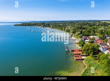 La rive au lac Ammer, Utting au lac Ammer, Funfseenland, vue aérienne, Upper Bavaria, Bavaria, Germany Banque D'Images