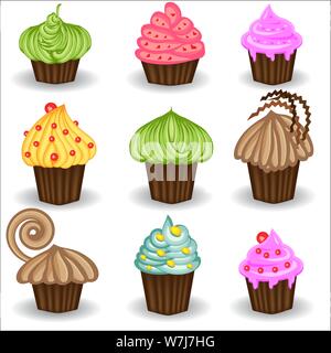 Série de 9 vecteur doodle colorés cupcakes. Cupcakes décorés de cerise, de fraise et chocolat. Cupcakes vector illustration. Illustration de Vecteur