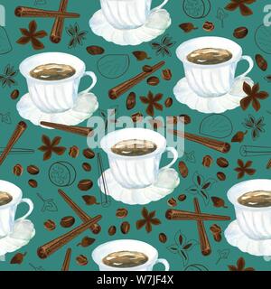 Transparente avec motif vecteur aquarelle tasse de café et la variété d'épices Illustration de Vecteur