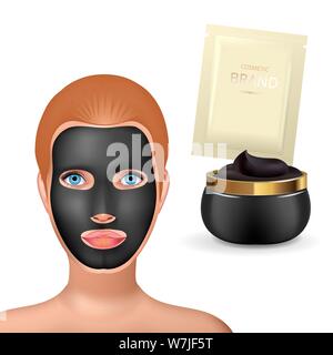 Beauty fashion girl appliquer masque facial noir charbon. Masque du visage l'emballage des cosmétiques. Design d'emballage pour masque de visage. Ralistic sachet pot et cosmétiques Illustration de Vecteur