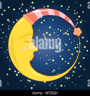 Un jeune mois endormie dans un bouchon à dormir avec un oeil fermé dans un ciel bleu nuit avec des étoiles Illustration de Vecteur