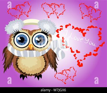 Belle caricature brown owl entouré de cœurs. L'amour dans l'air, Saint Valentin, carte postale Illustration de Vecteur