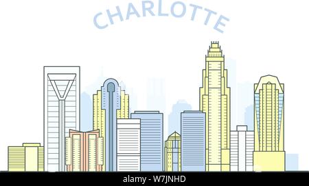 La ville de Charlotte, Caroline du Nord - panorama de la ville de Charlotte, ligne d'horizon du centre-ville Illustration de Vecteur